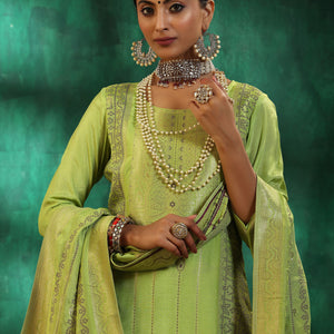 Green Woven Design Silk Blend Straight Suit With Dupatta