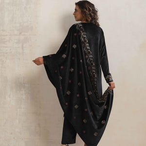 trueBrowns Black Velvet Floral Embroidered Kurta Pant Dupatta Set