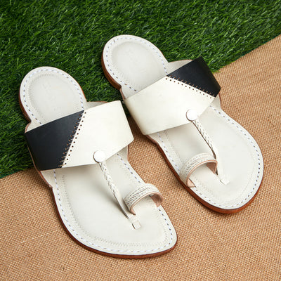 Black and White Handstitched Leather Kolhapuri Men Slipper
