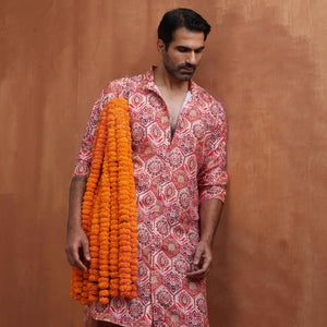 trueBrowns Men's Beige Printed Front Open Kurta