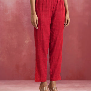 trueBrowns Red Cotton Dobby Flared Kurta Set