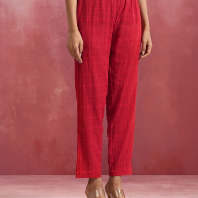trueBrowns Red Cotton Dobby Flared Kurta Set