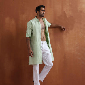 trueBrowns Men's Green Sequin Chanderi Kurta