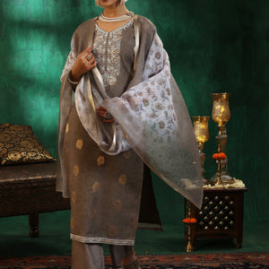 Green Woven Design Silk Blend Straight Suit With Dupatta