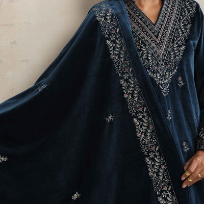 trueBrowns Blue Velvet Embroidered Kurta Pant Dupatta Set