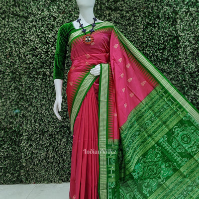 Rani Pink Green Bomkai Sambalpuri Silk saree