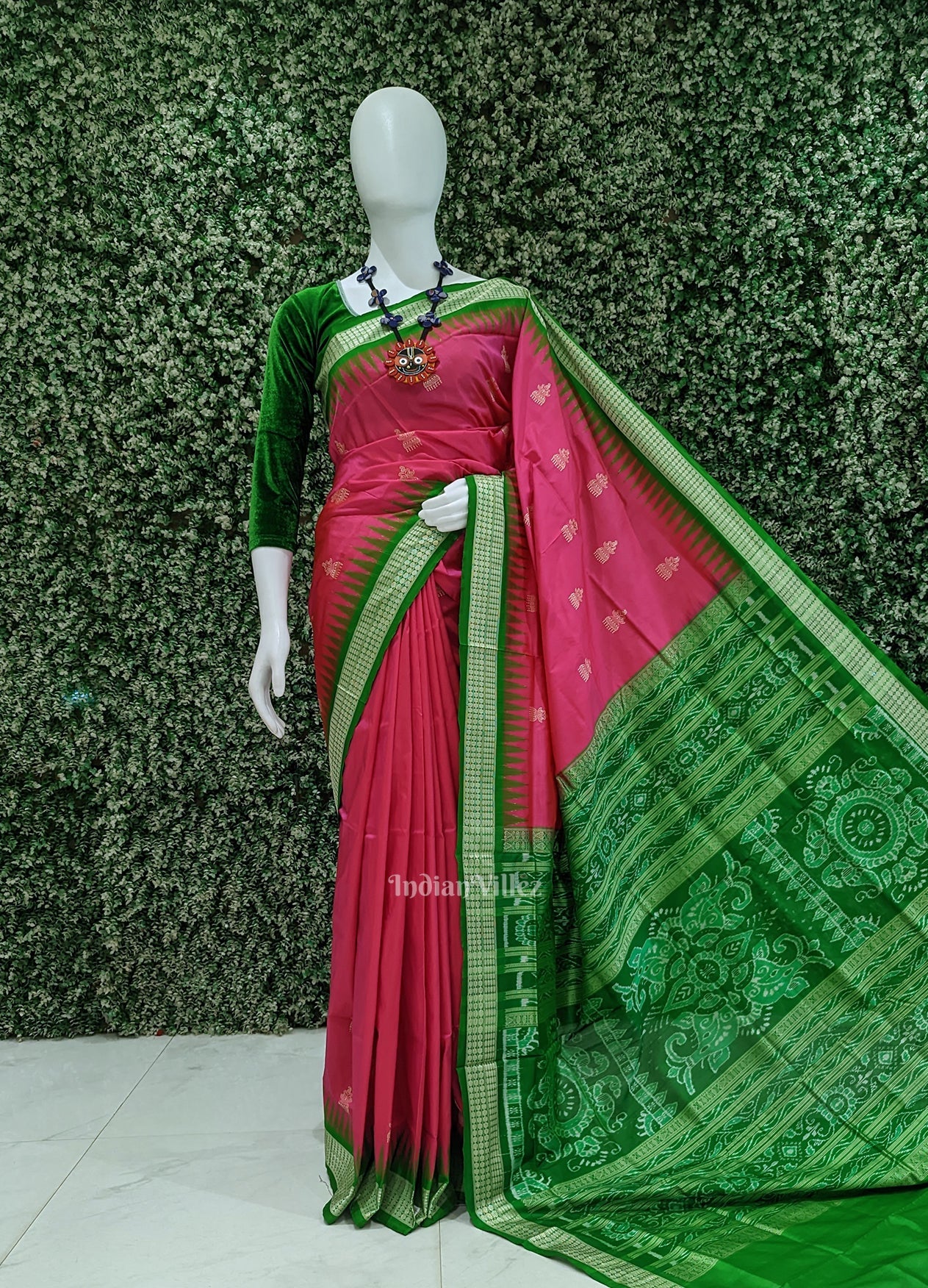 Rani Pink Green Bomkai Sambalpuri Silk saree