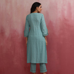 trueBrowns Aqua Blue Cotton Dobby Angrakha Kurta Set