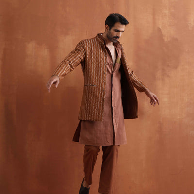 trueBrowns Men's Brown Cotton Dobby Long Jacket