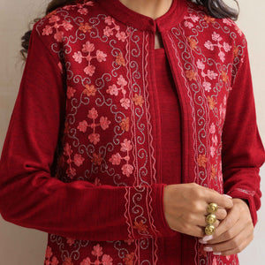 trueBrowns Maroon Kashmiri Woollen Jacket 3pc Set