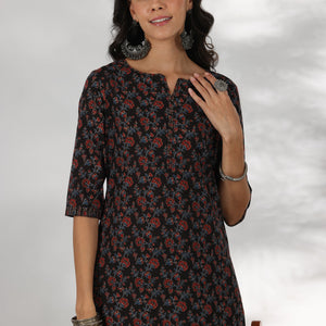 Black Printed Cotton Straight Suit With Dupatta