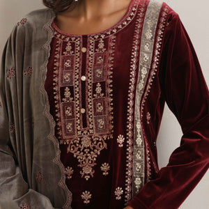 trueBrowns Maroon Velvet Embroidered Kurta Pant Dupatta Set