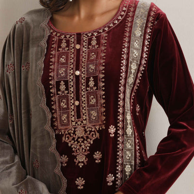 trueBrowns Maroon Velvet Embroidered Kurta Pant Dupatta Set