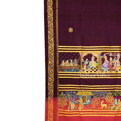Deep Maroon Colour Ramayan Theme Hand-Painted Pattachitra Saree