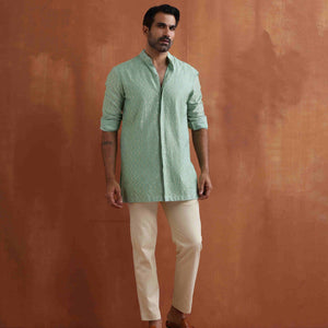trueBrowns Men's Green Cotton Dobby Front Open Short Kurta