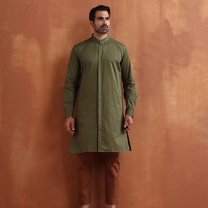 trueBrowns Men's Olive Green Cotton Front Open Kurta
