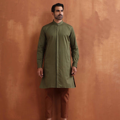 trueBrowns Men's Olive Green Cotton Front Open Kurta