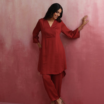 trueBrowns Maroon Modal V Neck Kurta Co-ord Set