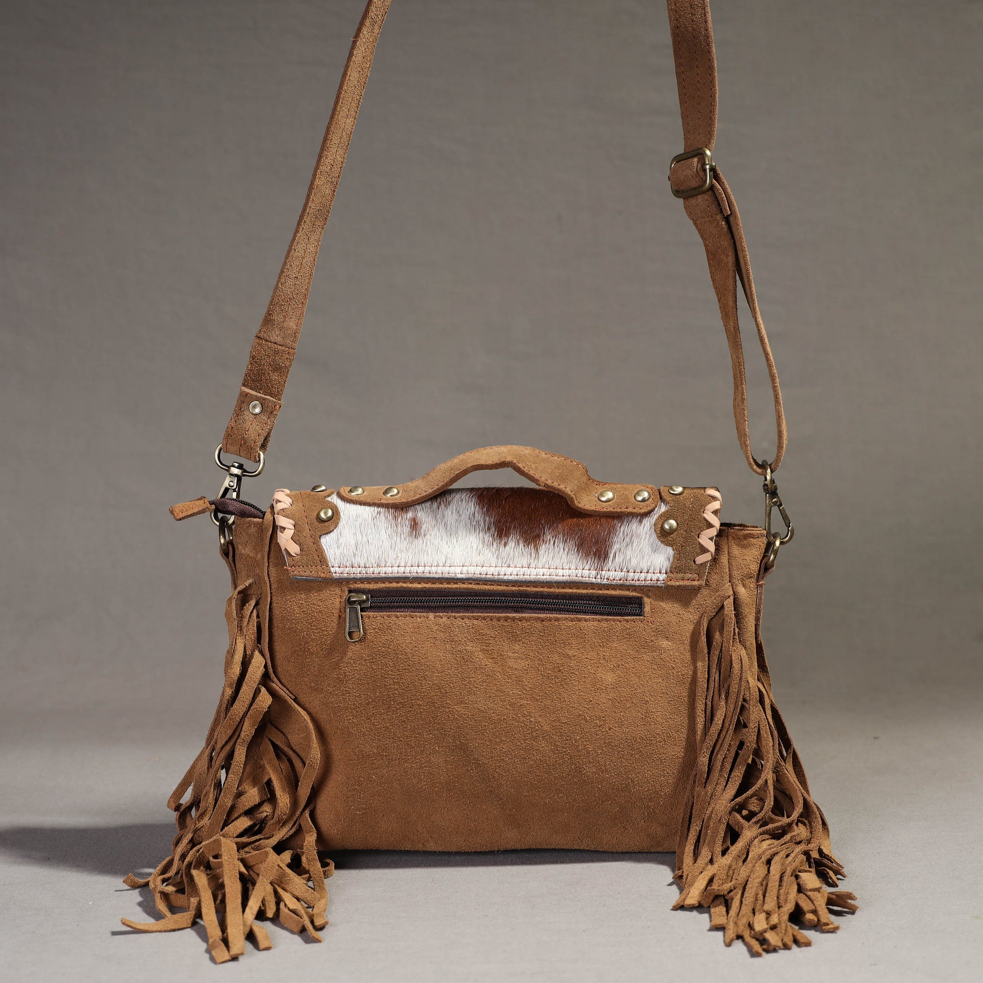 Brown - Handcrafted Fur Leather Fringe Sling Bag with Blue Stone