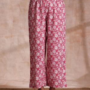 Pink Green Floral On White Block Print Cotton Slit Kurta Pant Set | Relove