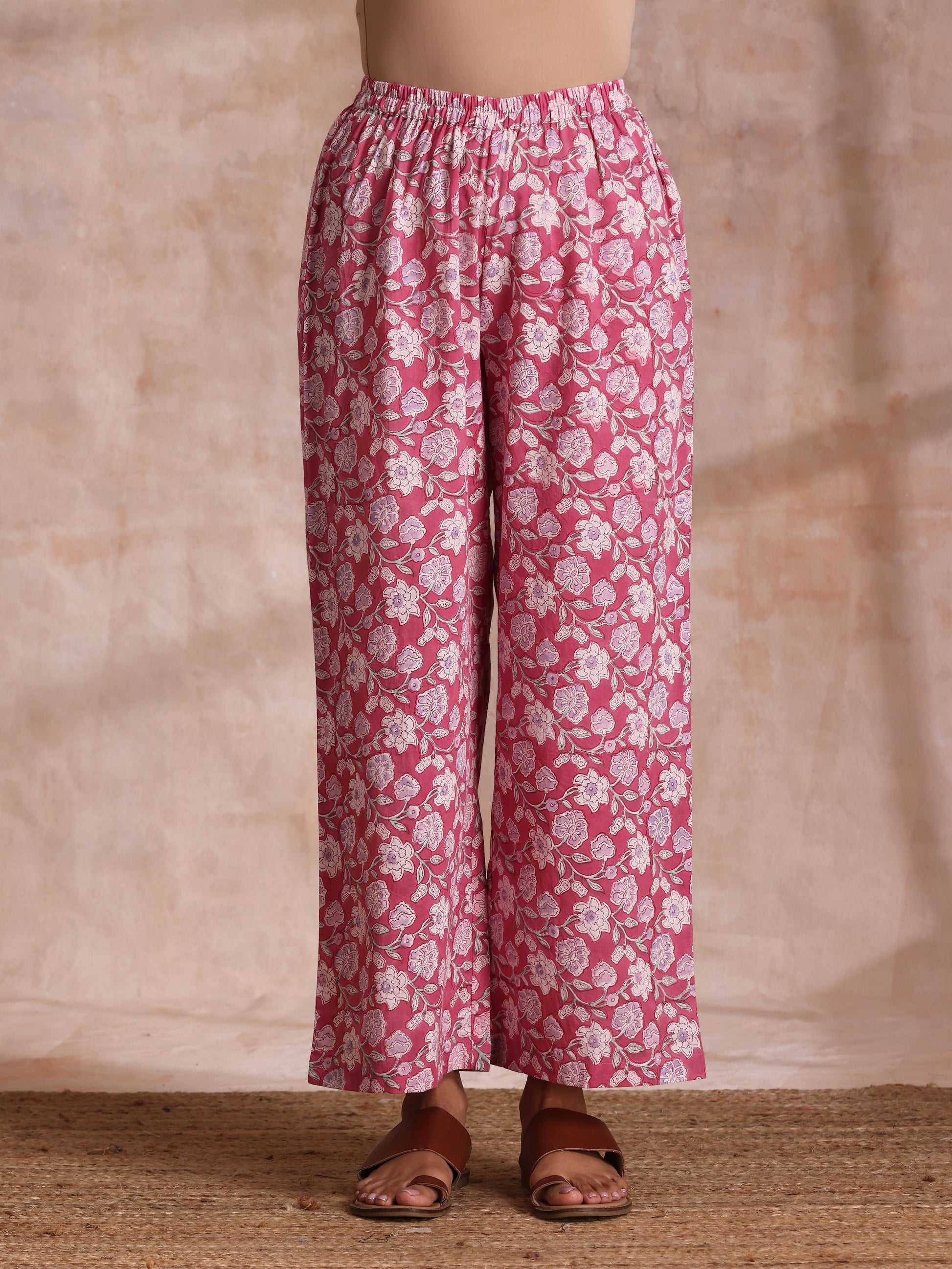 Pink Green Floral On White Block Print Cotton Slit Kurta Pant Set | Relove