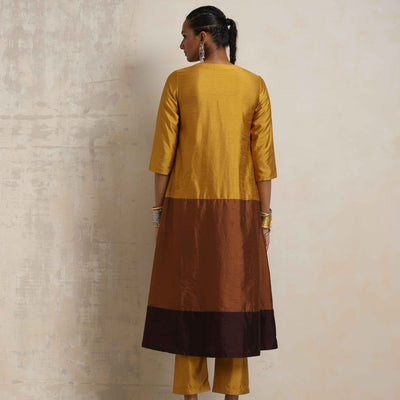 trueBrowns Gold Brown Silk A-line Kurta Set