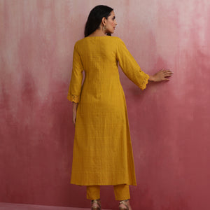 trueBrowns Mustard Cotton Dobby Kurta Set