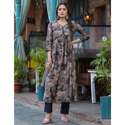Chikoo & Black Floral Printed Alia Cut Chanderi Silk Salwar Suit