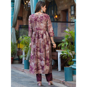 Chikoo & Wine Floral Printed Alia Cut Chanderi Silk Salwar Suit
