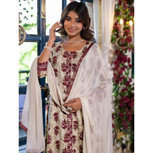 Chikoo & Maroon Floral Foil Printed Rayon A-Line Salwar Suit