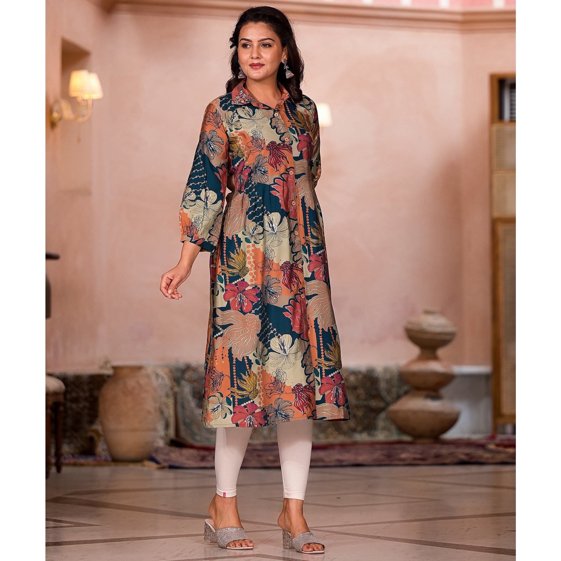 green-floral-printed-chanderi-silk-a-line-dress