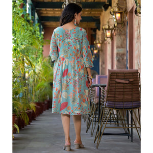 green-floral-foil-printed-chiffon-a-line-dress