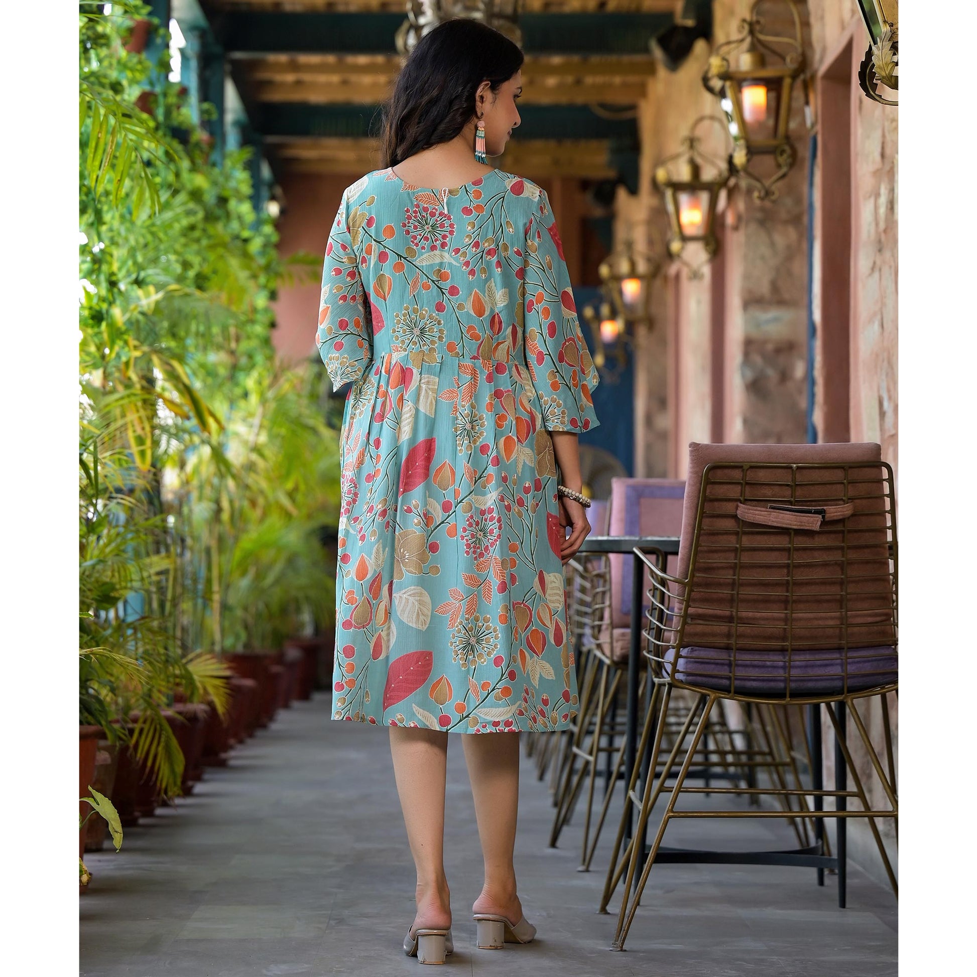 green-floral-foil-printed-chiffon-a-line-dress