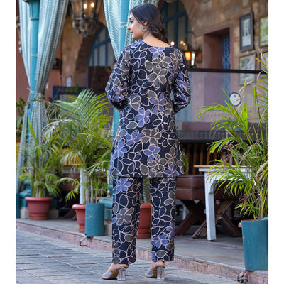 Denim Blue Floral Printed Chanderi Silk Co-Ord Set