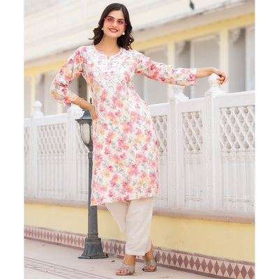 Cream & Pink Floral Printed Rayon Straight Kurti