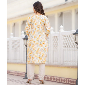 Cream & Mustard Floral Printed Rayon Straight Kurti