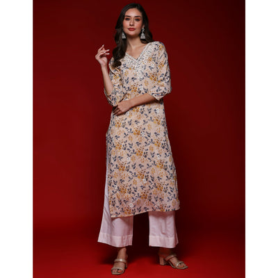 Chikoo Floral Printed Mulmul Cotton Straight Kurti