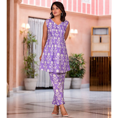 Lavender Floral Printed Pure Cotton A-Line Co-Ord Set
