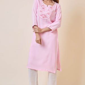 Light Pink Yoke Embroidered Rayon Straight Kurti