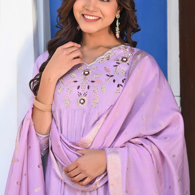 Lavender Floral Embroidered Muslin Anarkali Salwar Suit