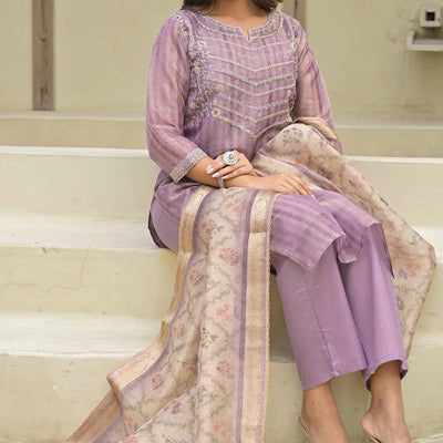 Lavender Embroidered Handwork Crush Chanderi Salwar Suit