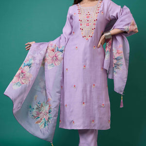 Lavender Handwork Embroidered Viscose Straight Salwar Suit