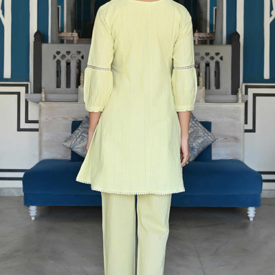 Lemon Yellow Dobby Work Pure Cotton Co-Ord Set