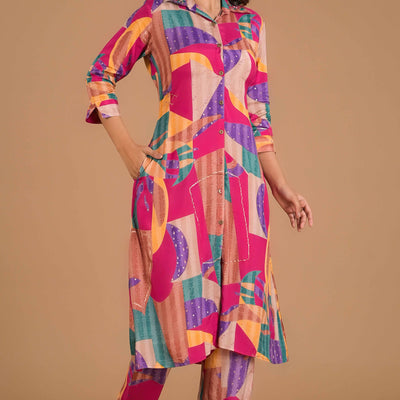 Multicolor Abstract Printed Muslin Co-Ord Set