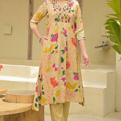 Chikoo Floral Printed Muslin Anarkali Style Salwar Suit With Hand Work