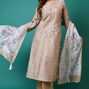 Light Olive Floral Embroidered Chanderi Silk Straight Salwar Suit
