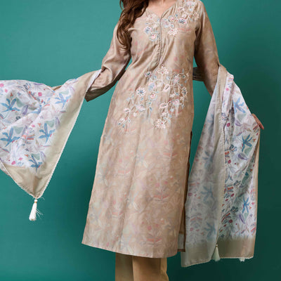 Light Olive Floral Embroidered Chanderi Silk Straight Salwar Suit