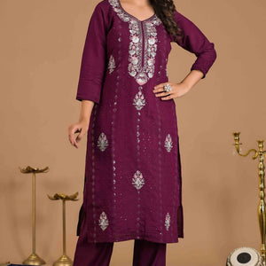 Imperial Purple Floral Embroidered Sequins Work Cotton Silk Straight Salwar Suit