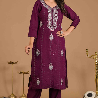 Imperial Purple Floral Embroidered Sequins Work Cotton Silk Straight Salwar Suit