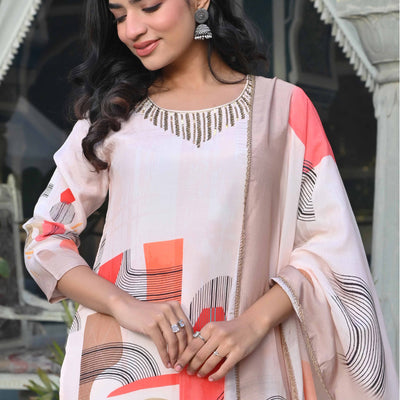 Cream Geometric Printed Muslin Straight Salwar Suit